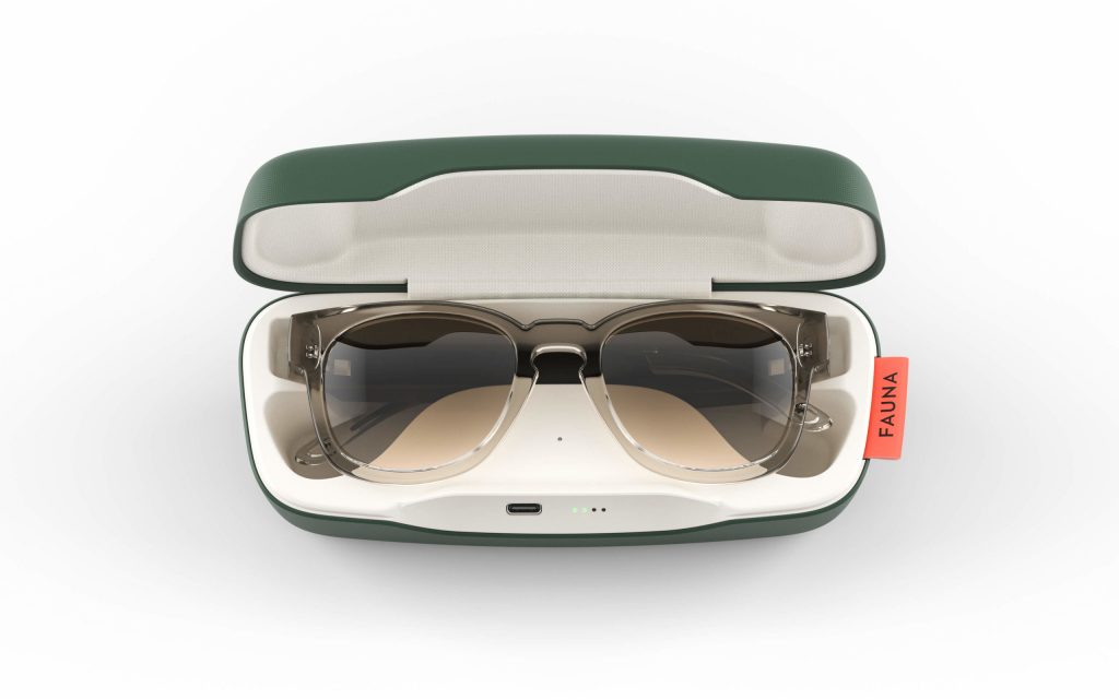 FAUNA Spiro Transparent Brown music sunglasses in charging case